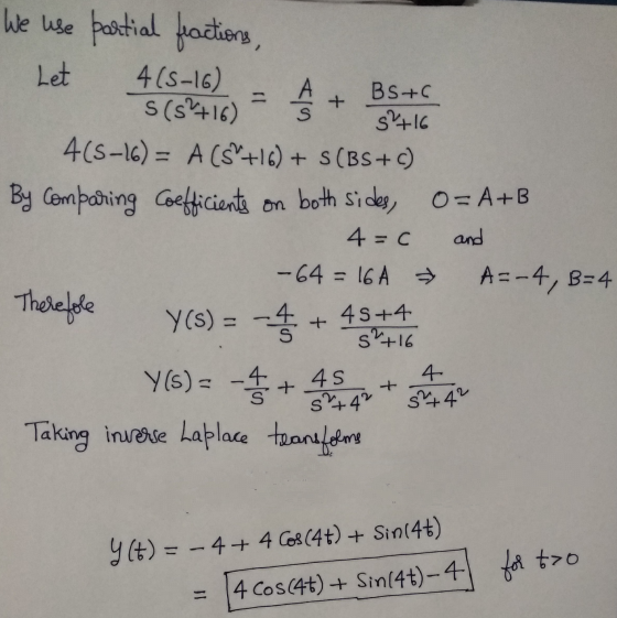 We use partial fractions, Let 4(5-16) BS+C S (5+16) = $ + 8416 4(5-16) = A ($4+16) + S(BS+c) By comparing Coefficients on bot
