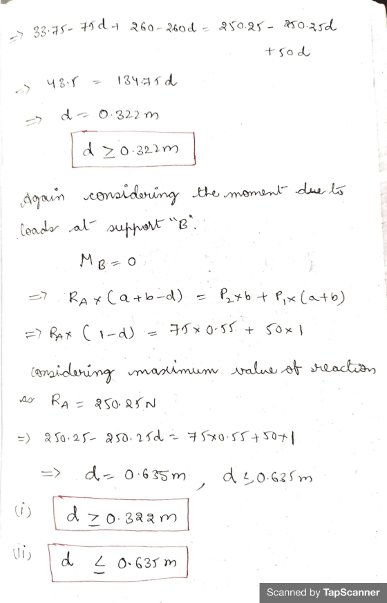 33.75-75 dt 260- 60d. +sod 43.8 13495d -> d -0.322 m dZ0.322m Again considering the moment due to leads at support B. MB=0