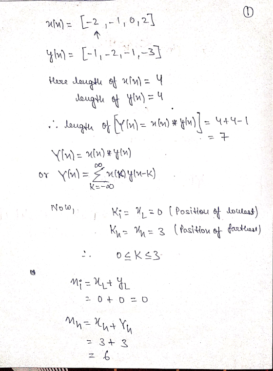 ulu) = [-2 [-2,-1,0,2 ylu) = [-1, -2,-1,-3 Here length of uin) = 4 dength of y(n)=4 .. leugth of [xln) = ul) * (19) = x(x) =