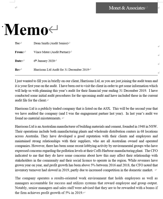 Monet & Associates Memo To: Dean Smith (Audit Senior) From: Vince Mater (Audit Partner) Date: 6th January 2020 Re: Harrisons