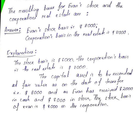 The in basis resulting bases for Evans stock and the corporatione real estate are Answer: Evans stock basis gis $ 8000; Cou