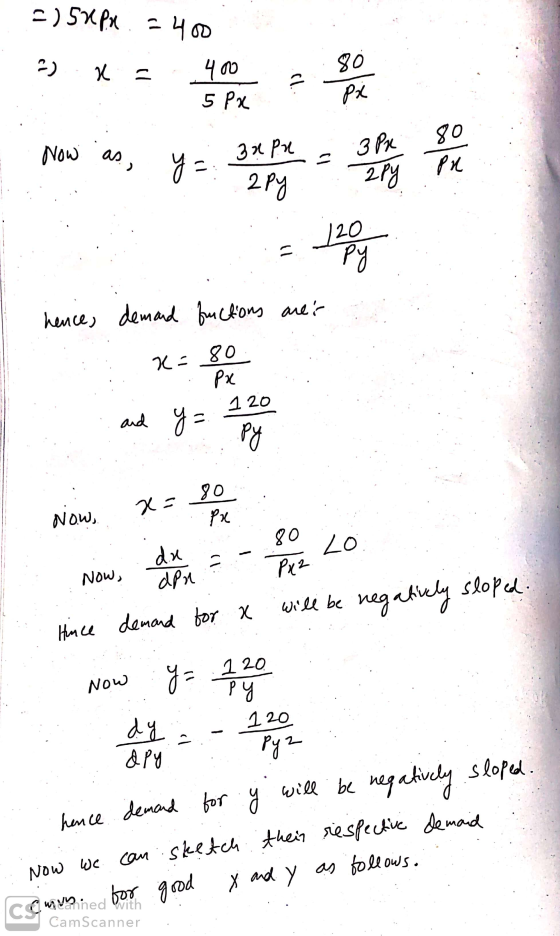 2) 54 px - 400 : 210 hence, demand functions ares :: K= 80 and 120 and y= g= py Now, x = 8 Now do y = - P LO Hince demand fo
