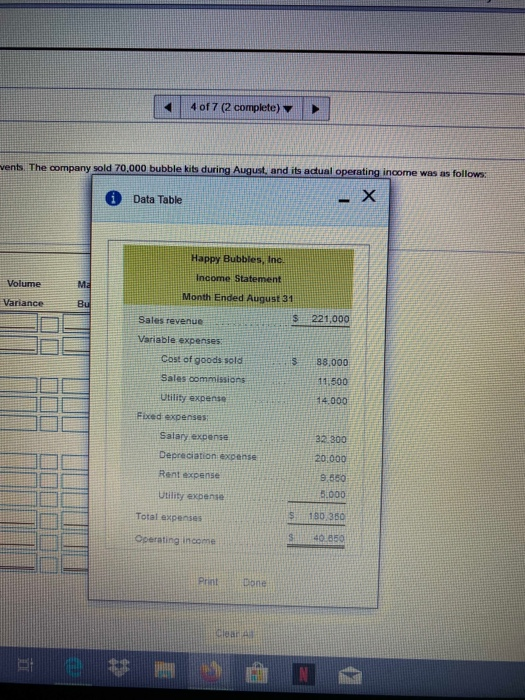 4 of 7 (2 complete) vents. The company sold 70,000 bubble kits during August, and its actual operating income was as follows: