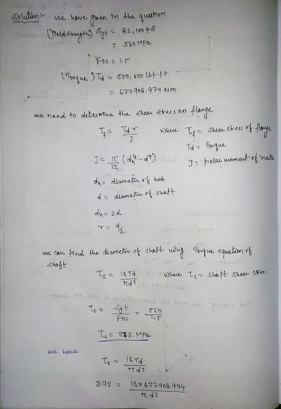 solution in we have gwen in the question Meld étrength) Syt = 82,160 pudi - 560 Mpa Fos = 1.5 [ Torque. 9 Td = 500, 600 167+f