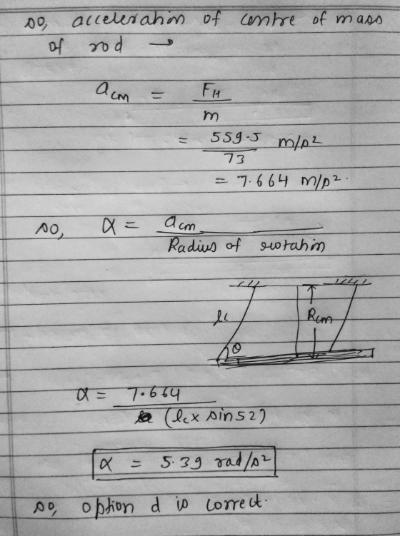 00 acceleration of contre of mass of rod acm FH m. 559.5 m/p2 73 = 7.664 m/p2 2 no x = a cm Radius of rotahin 1 Rom T.664 (le