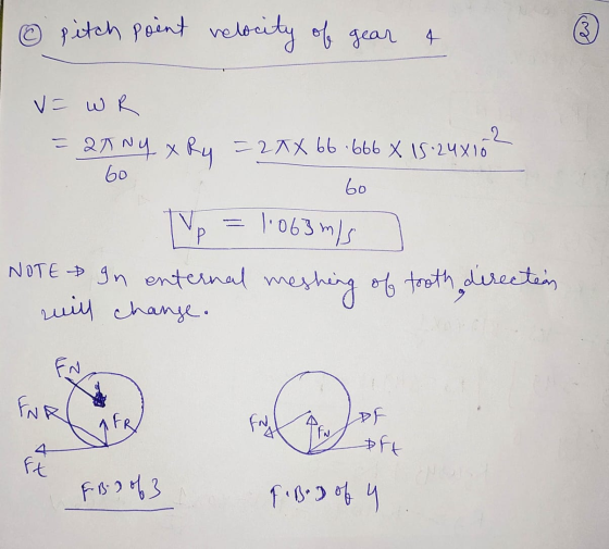 ③ pitch point hele relocity of gear 4 V= WR = 27X 66 666 x 15.24x10² 6o 60 Tup 1:063 m/s NOTE In enternal meshing of tooth di