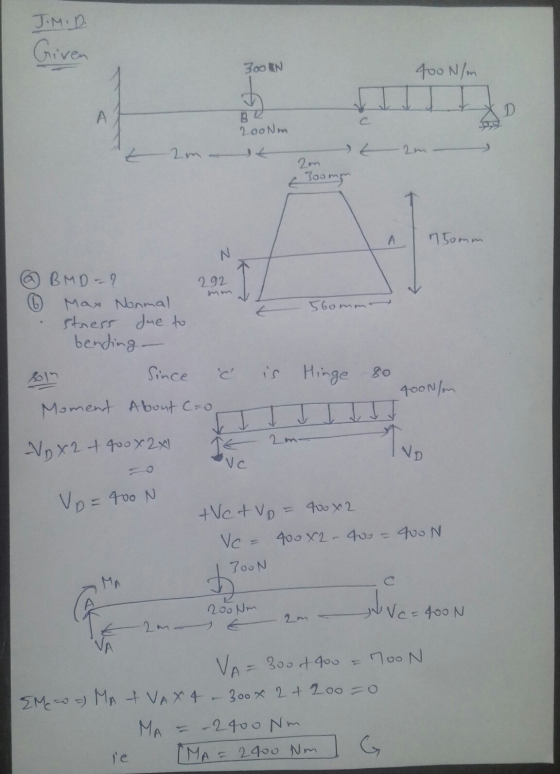 J.M.D. Given 3ooEN 400 N/m 200 Nm t 2m - t - 2m 300mm A 750mm 560mm- BMD - ? 292 6 Max Nonmall stress due to bending - Since