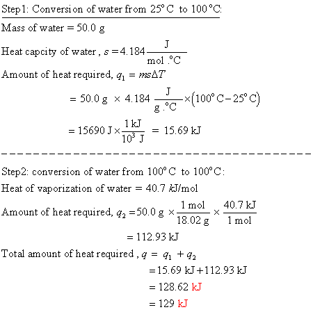 Step 1: Conversion of water from 25°C to 100°C Mass of water = 50.0 g Heat capcity of water, s=4.184– Amount of heat required