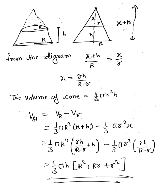 De 4th I R unebrper aup neart xth aly R n= th R-8 The volume of cone = frerah Vst VR - VG = fire (nth- arzu of core porn )