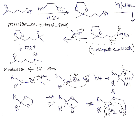 mg lether - H2804 a br - protection of carbonge group hot (nuelcophilic attack) Mechanism of 1st step Rezorte et HOT BH > SHO