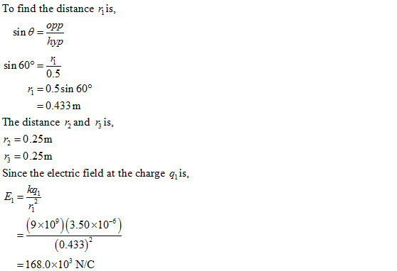 To find the distance riis, opp sin θ =- sin 60°__i 0.5 = 0.5 sin 60° = 0.433 m The distance , and is. = 0.25m = 0.25m Since t