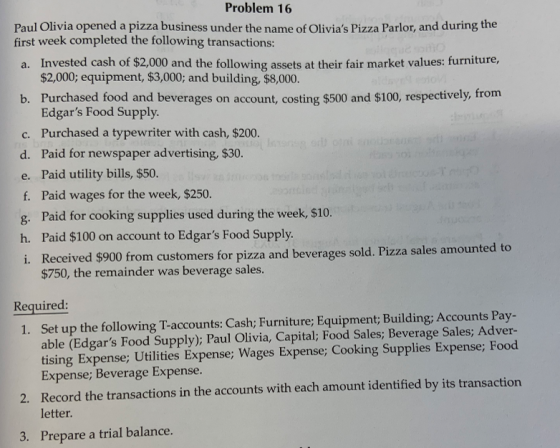 Problem 16 Paul Olivia opened a pizza business under the name of Olivias Pizza Parlor, and during the first week completed t