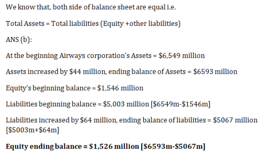 We know that, both side of balance sheet are equal i.e. Total Assets = Total liabilities (Equity +other liabilities) ANS (b):