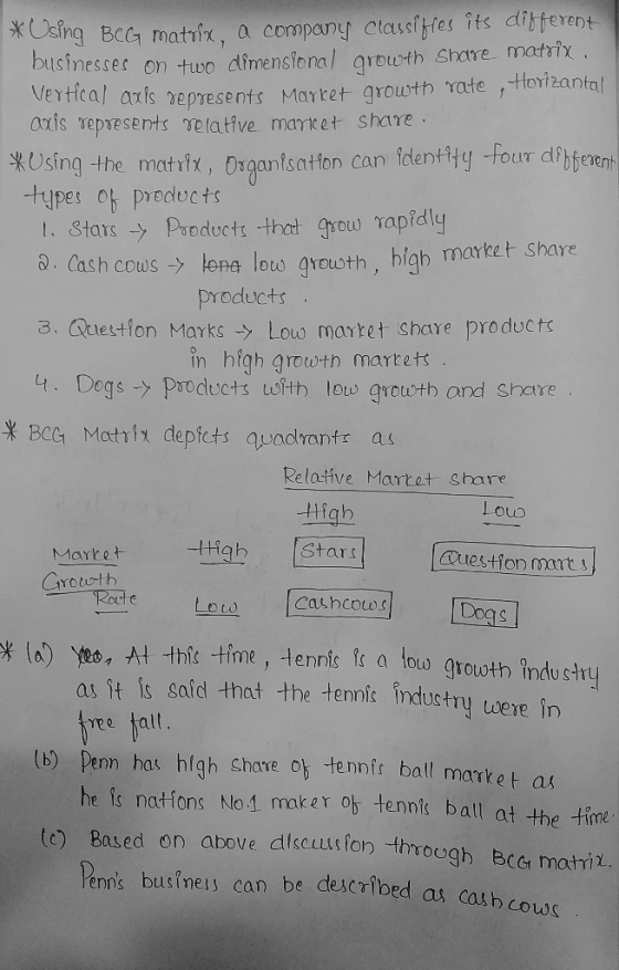 * Osing BCG matrix, a company classihes its different businesses on two dimensional growth Share matrix. Vertical axis repres