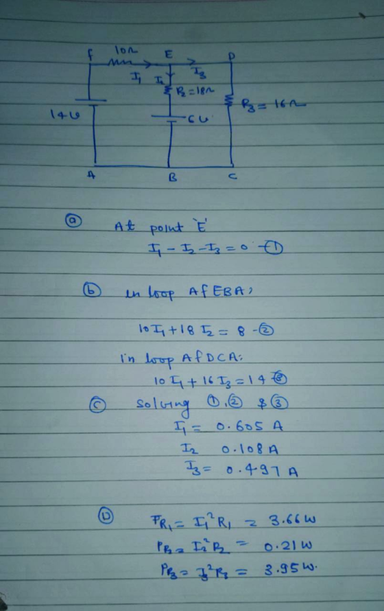 lon at E Р & B=182 &z=164 14u B At point II - I - Iz = en loop AfEBAI 10 + 18 5=8-③ In loop AfDCA: 10 4+ 16 Iz = 146 © solvin