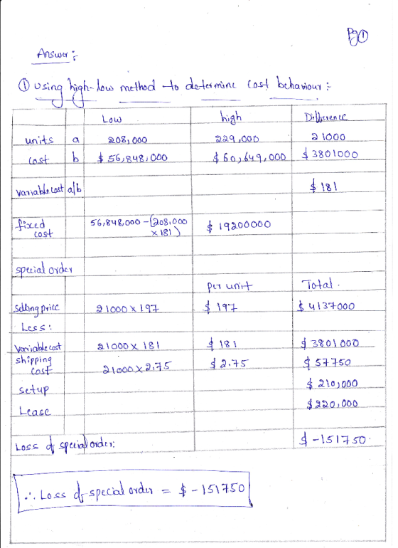 Answers using high-low method to determine cost behaviour & Low high 229.000 units cost a bl 208,000 $ 56,848,000 Difference