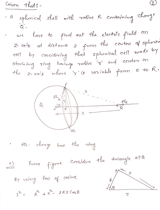 Given that: - A spherical shell with radius R containing charge .. we have to find out the electric field on Za axig at dista