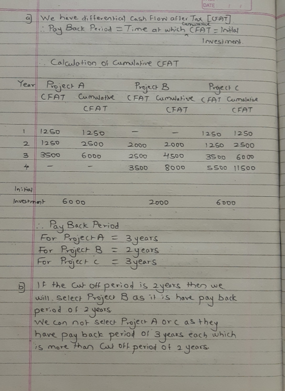 DATE: 1 Clav We have differenticel Cash flow after Tax [FAT. Pay Back PPeriod = Time at which CFAT = Initial Investment. Calc