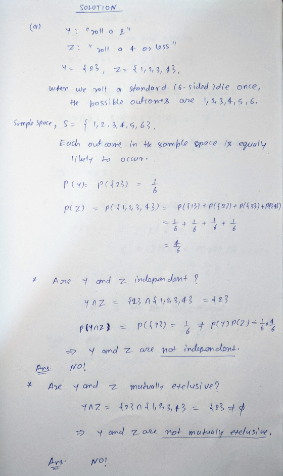 SOLUTION (02 Y: 2011 a 2 2: poll a 4 or less. y = $ 23, 2= 31, 2, 3, 43, When we roll a standard (6-sided ) die once, He