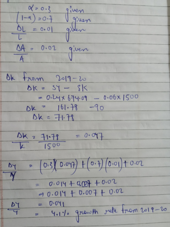 12o. = 0ool 0.02 given Η SA Α 1 Dk from 2019-20 DK a SY - Sk -0.24 x 674.09 Dk z 161.78 sk = 71.78 1 - 0.06x 1500 -90 = 0.047
