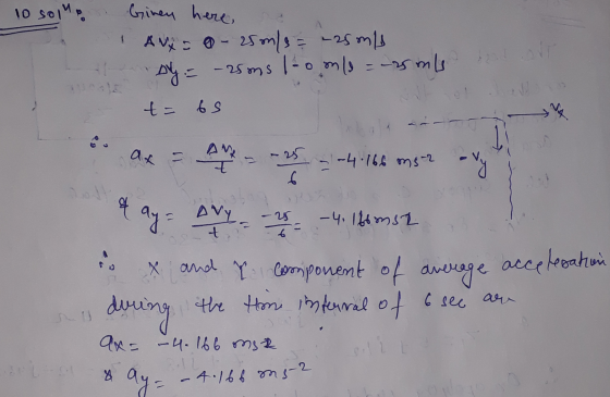 10 som Giney here a Jo Aveo - 25m/= -25 m/s darr in by = -25oms 1-o m/s = -2mls t= 65 e ak = AM -25 -4.168 mg-2 Vy ... & ay=