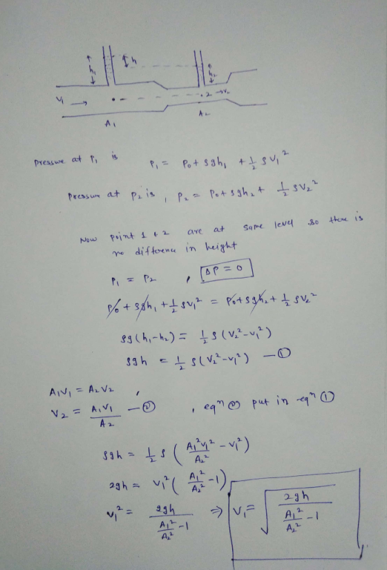 pressure at P, is Pie Potgghi + 1 342 presson at Peis, P. = Potighet 1502² Now point 1+2 are at same level so there is no dif