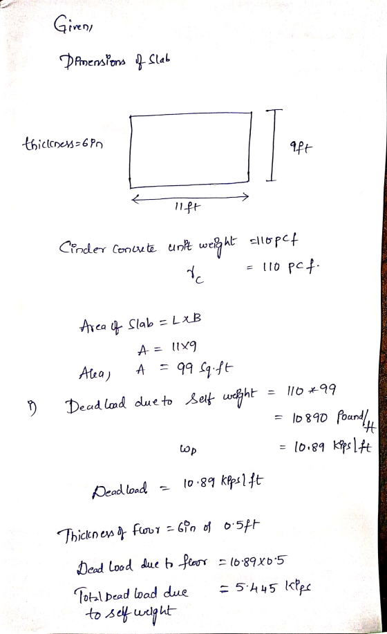Given Dimensions of Slab thickness=6in aft 11.PH Cinder concrete unit weight at sllopet = 110 pct. re Area of slab = LxB 11x9