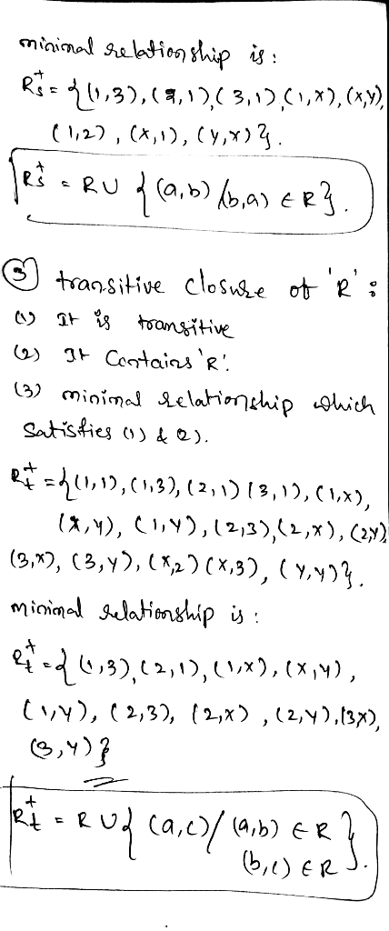 minimal relationship is : Rs=461,3),(4,1),(3,1),(1,4), (x,y) (1,2), (4,1), (9,8). Jeta Ru{(2,6)/b,a) ER}. ) ☺ transitive clos