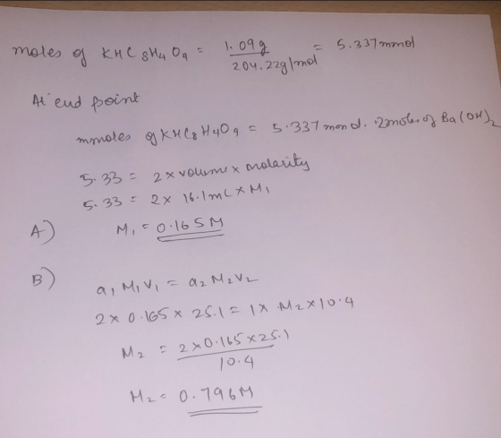 moles of KHC SHA OA = 1.09g = 5.337 monol 204,22g/ml At end point mmoles of KM Co H4O 4 = 5.337 mond, 2 moles of Ba(OH) 5.33=