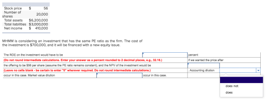 Stock price $ 56 Number of 20,000 shares Total assets $6,200,000 Total liabilities $3,000,000 Net income $ 410,000 MHMM is co