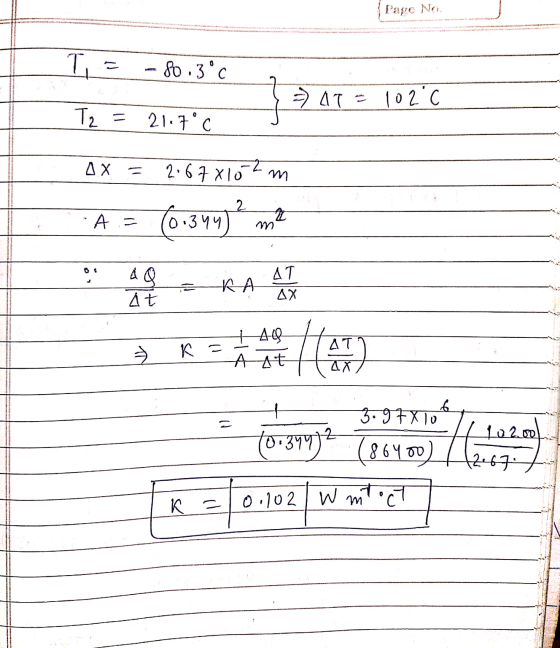 Page No. H -80.3°C 17.17 = 1020 Tz = 21.7°C ox= 2.67X102m A = (0.344² m2 AQ At КА AT ΔΧ +46 K = Hat AT 2X 3.9FX10 Z (0.394) H