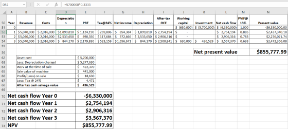 D52 =5700000*0.3333 A B C D E F G H I J K L M Depreciatio n Costs L PBT Tax@24% Net income Depreciation 50 Year Revenue 51 0
