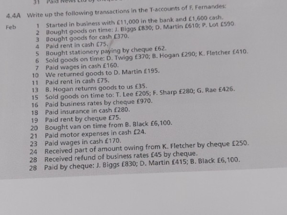 4.4A Write up the following transactions in the T-accounts of F. Fernandes Started in business with £11.000 in the bank and £