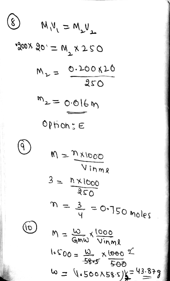 ® MINI = M2, •200% 20 - M. X250 My = 0.200820 250 M2=0.016m option: E m = nxlooo Vinme 3 = nx 1000 250 ne § = 0.150 moles 1