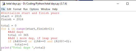 - total days.py - D:/Coding/Python/total days.py (3.7.4) File Edit Format Run Options Window Help #Initialize start and finis