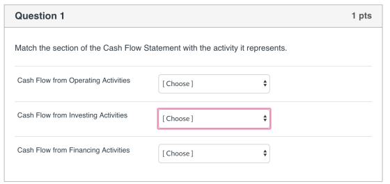 Question 1 1 pts Match the section of the Cash Flow Statement with the activity it represents. Cash Flow from Operating Activ