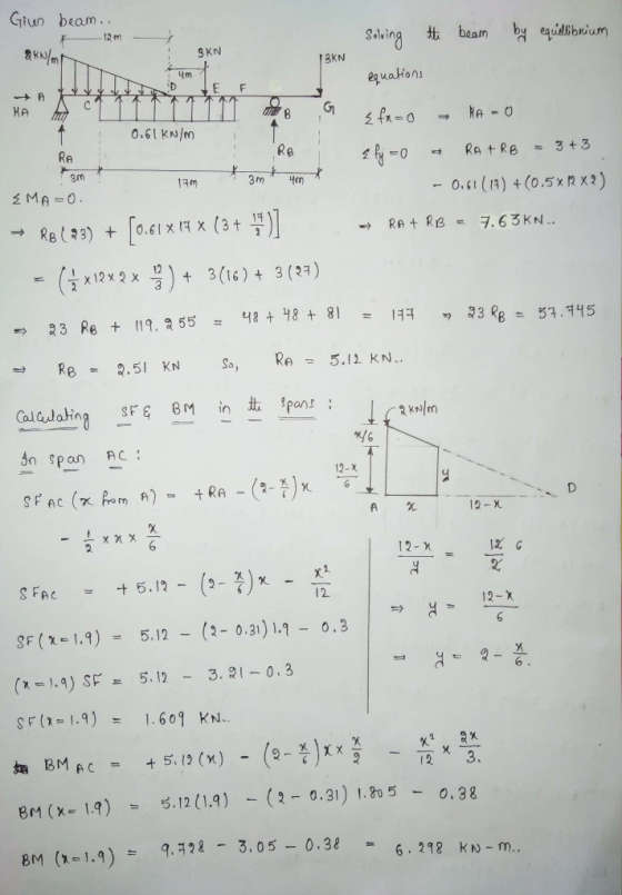 Giun beam uling beami equillibnium 3 KN KN quakion」 Ο.GI KNIN) RA Re 3m 1am 01() (0.5x X2) ( x 12 x 2 x- 3(16) + 3 (27) + dn