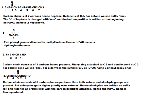 1. CH3-C-CH2-CH2-CH2-CH2-CH3 1 2 3 4 5 6 7 Carbon chain is of 7 carbons hence heptane. Ketone is at C-2. For ketone we use su