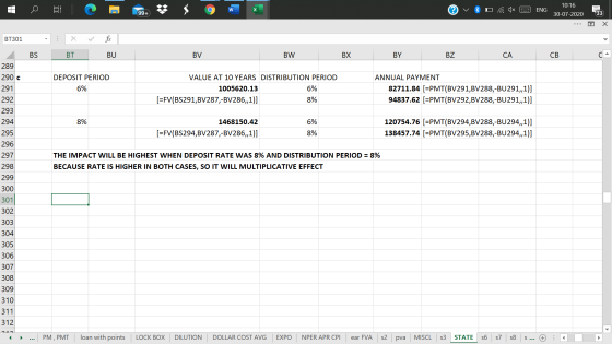10:16 C w ? ENG 99+ 30-07-2020 33 Х BT301 . BS BT BU BV BW BX BY BZ CA CB C- 289 DEPOSIT PERIOD 6% VALUE AT 10 YEARS DISTRIBU