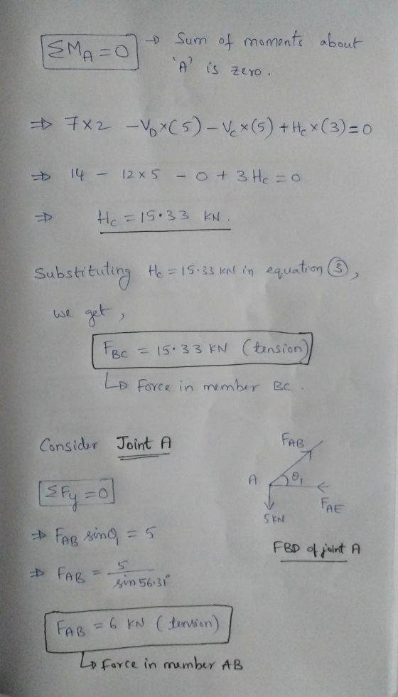 EM = 0 Sum of moments about A is zero. FX2 – Vx(5) - Vx (5) + Hex (3)=0 14 - 1285 - 0 + 3Hc=0 He=15.33 KN. Substituting He =