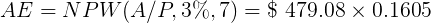 \large AE = NPW(A/P,3\%,7)= \$ \ 479.08\times 0.1605