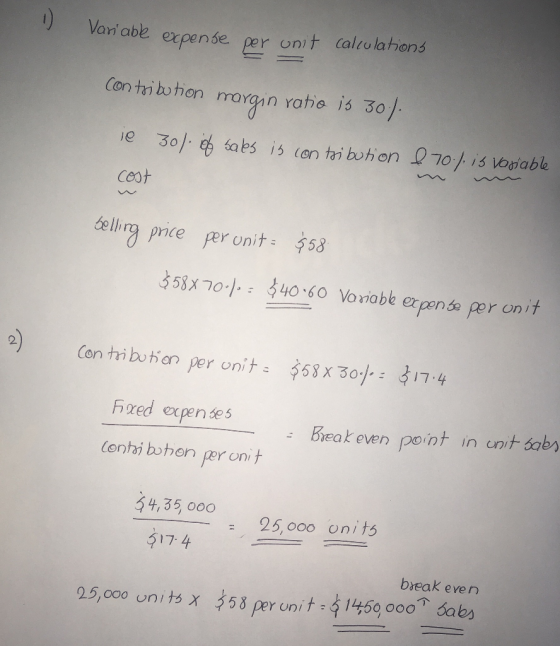 Van abe expense per onit calulahons rmorgan vatie is 30 ceot feli pmce peonit53 558x70}, : 占40:60 Vonable erpende per on it 2 358X3of: 317-4 Con tribuがon per onけこ Fred xpen ses (enti bohon per onit 54,35 o00o .: Break even point ln un㈩dqb 25,000 onits 517.4 break even 25,000 units Х 58 per unit-41459 ooondaba