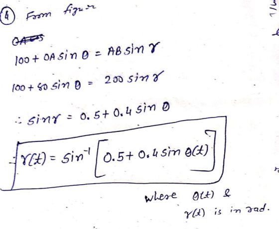 - from figner 100 + OA sino - AB sin r 100+ so sino = 200 sing : siny - 0.5+0.4 sino YE+) = sint 10.5+ 0.4 Sin O(+) where ott