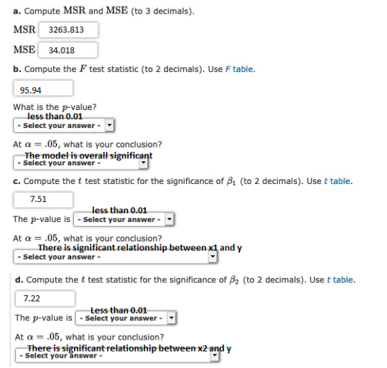a. Compute MSR and MSE (to 3 decimals). MSR 3263.813 MSE 34.018 b. Compute the F test statistic (to 2 decimals). Use F table.