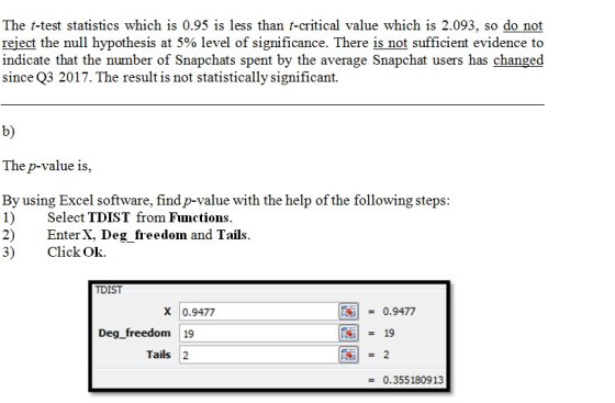 The t-test statistics which is 0.95 is less than t-critical value which is 2.093, so do not reject the null hypothesis at 5%