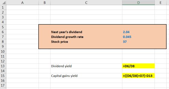 B nm + Next years dividend Dividend growth rate Stock price 2.04 0.045 37 2 Dividend yield =D6/D8 Capital gains yield =((D6/