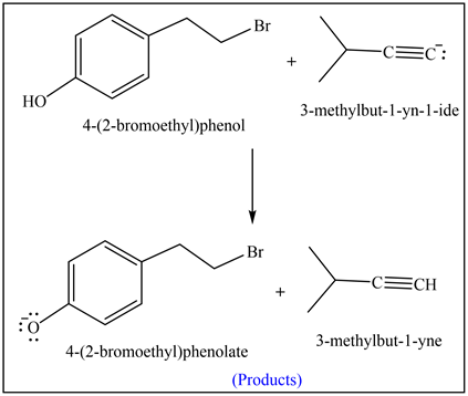 Br
-cc
НО
3-methylbut-1-yn-1-ide
4-(2-bromoethy)phenol
-Br
-CECH
3-methylbut-1-yne
4-(2-bromoethyl)phenolate
(Products)