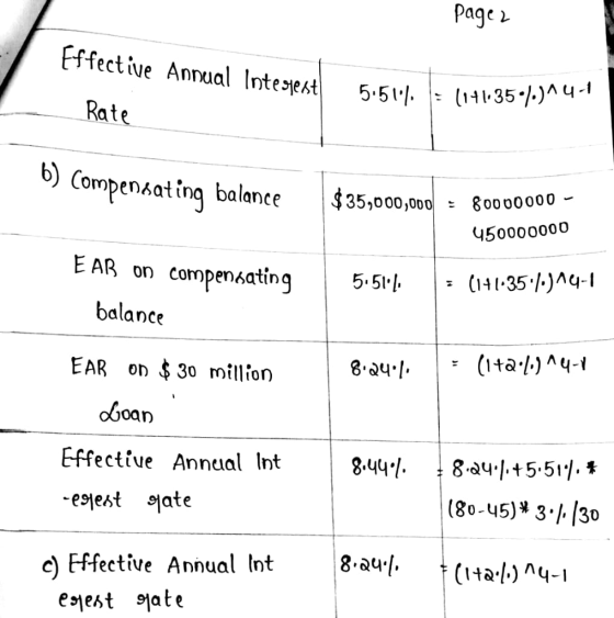 page 2 Effective Annual Interest Rate 5:51%. = (141-350/.)14-1 6) Compensating balance $35,000,000 = 80000000 - 450000000 E A