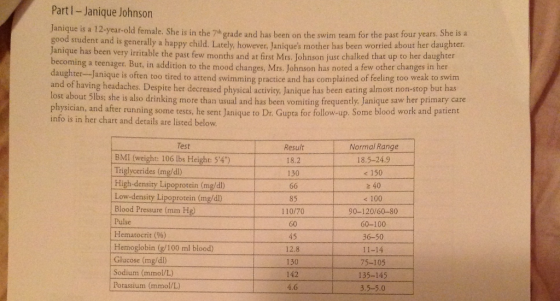 Part 1 - Janique Johnson Janique is a 12-year-old female. She is in the 7 grade and has been on the swim team for the past fo