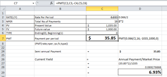 C7 fax =PMT(C2,C3,-C4, C5, C6) A B с D 1 2 RATE(1/Y) 3 NPER 4 PV 5 FV 6 TYPE Rate Per Period Total No.of Payments Present Val